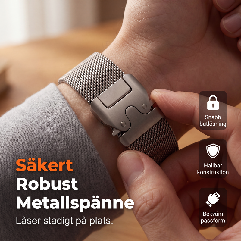 ⌚ 50 % RABATT JUST NU! 🛡️ Armband i rostfritt stålnät – andas, smidigt och säkert lås – uppgradera din smartklocka 🖤
