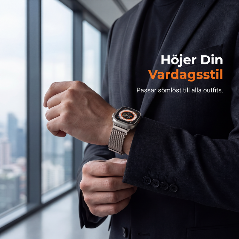 ⌚ 50 % RABATT JUST NU! 🛡️ Armband i rostfritt stålnät – andas, smidigt och säkert lås – uppgradera din smartklocka 🖤