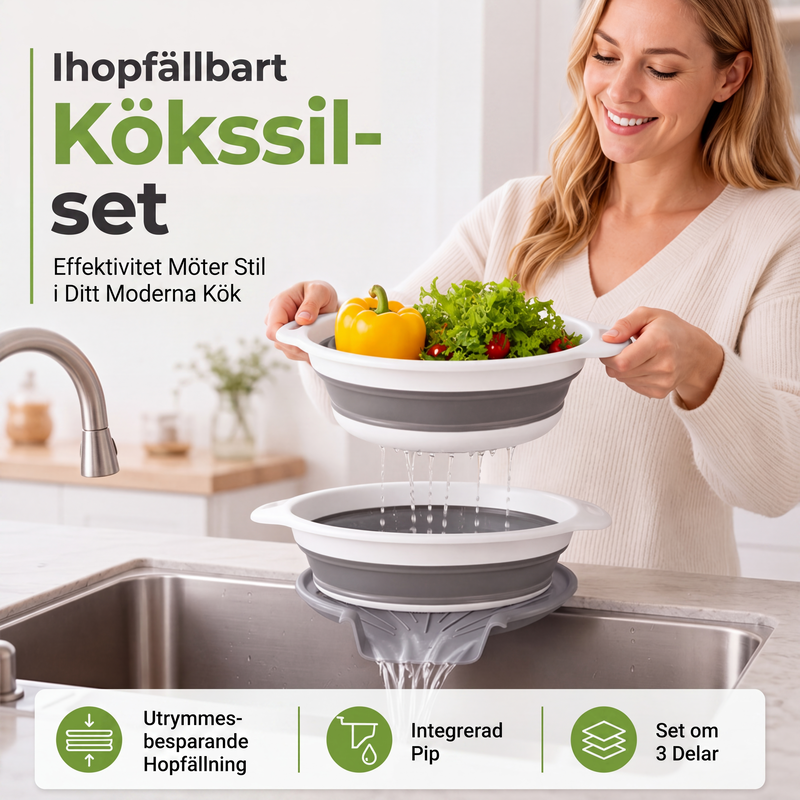 3-delat hopfällbart durkslagsset med avrinningsbas