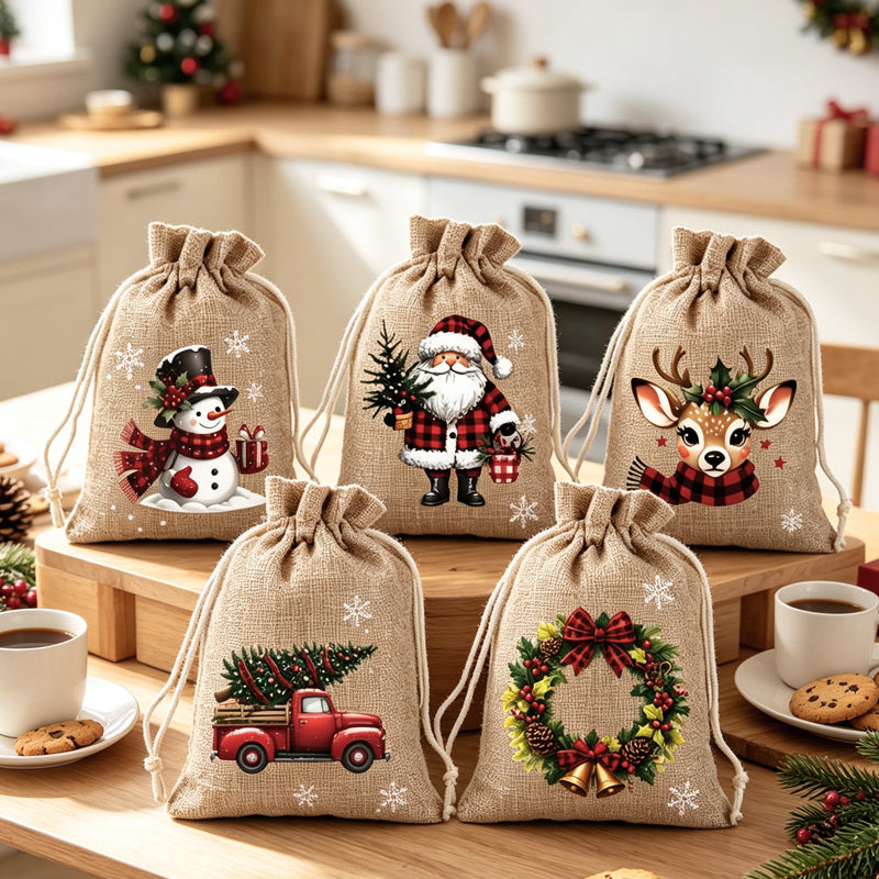 🎁 Julklappspåsar med dragsko – festliga tomte- & renmotiv, dubbel dragsko & hållbart tyg – julglädje i varje gåva ✨