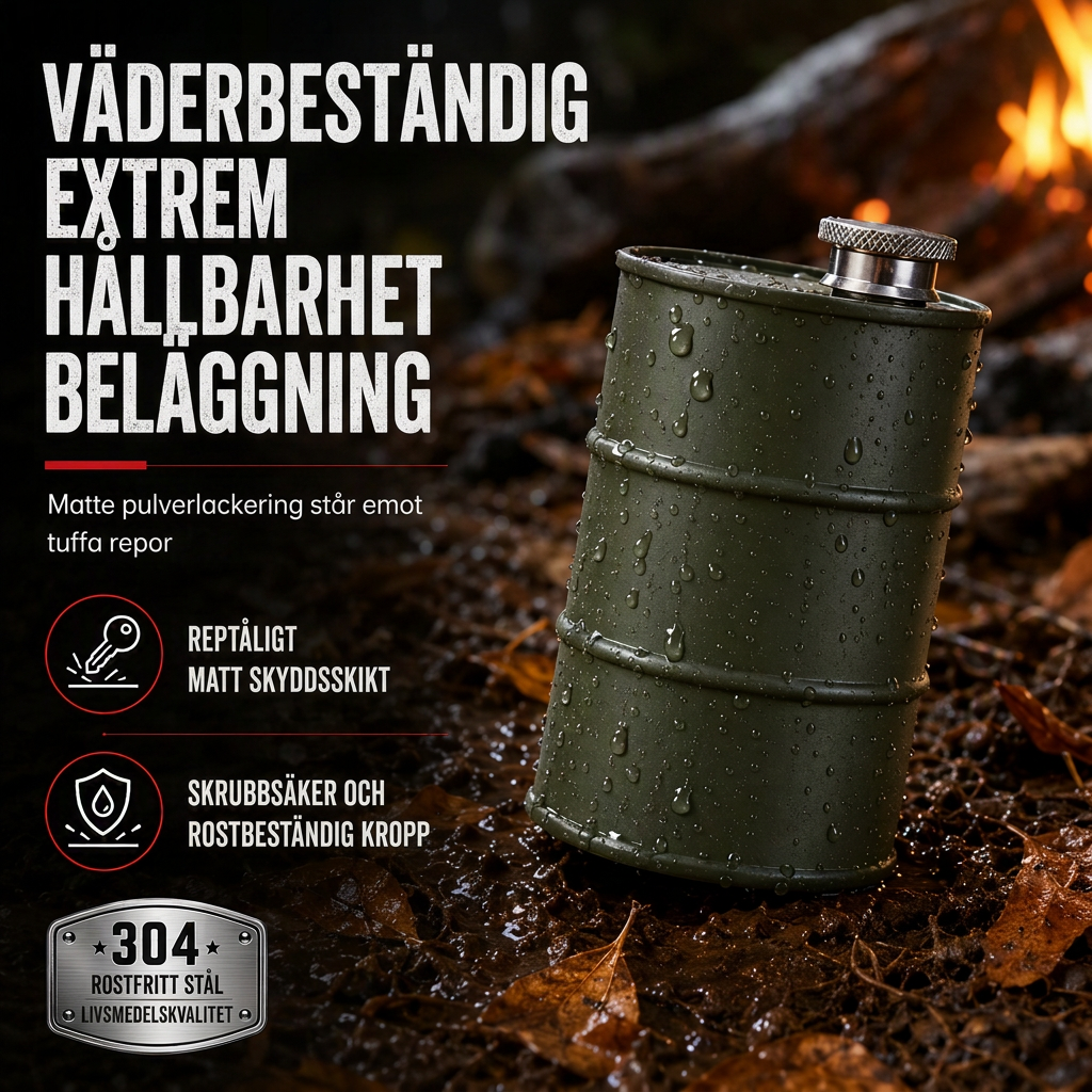 Bärbar höftflaska i form av en dunk tillverkad av 304 rostfritt stål, lämplig för utomhusbruk och camping