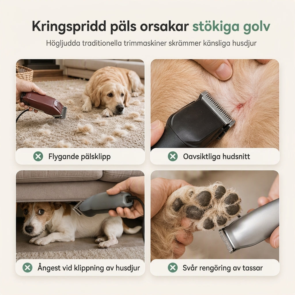 🐾 Tyst djurtrimset: Dammsugarklippare, dubbel motor, rundade blad, håruppsamling utan kladd