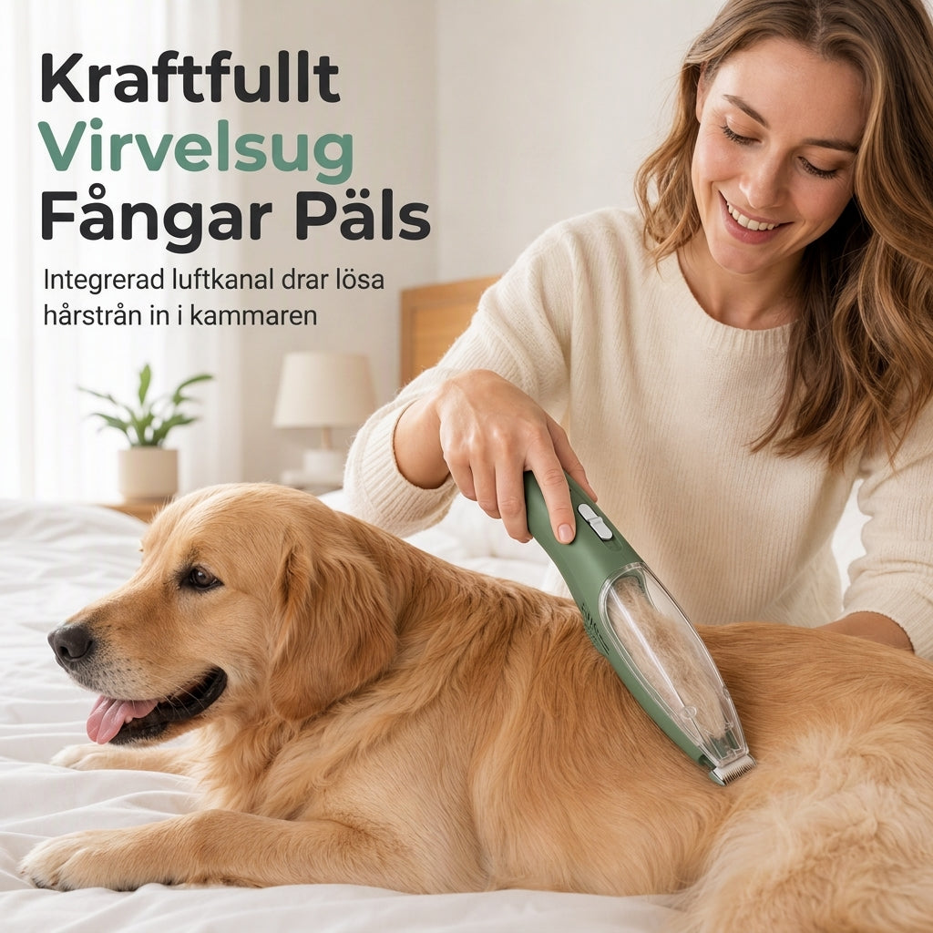 🐾 Tyst djurtrimset: Dammsugarklippare, dubbel motor, rundade blad, håruppsamling utan kladd