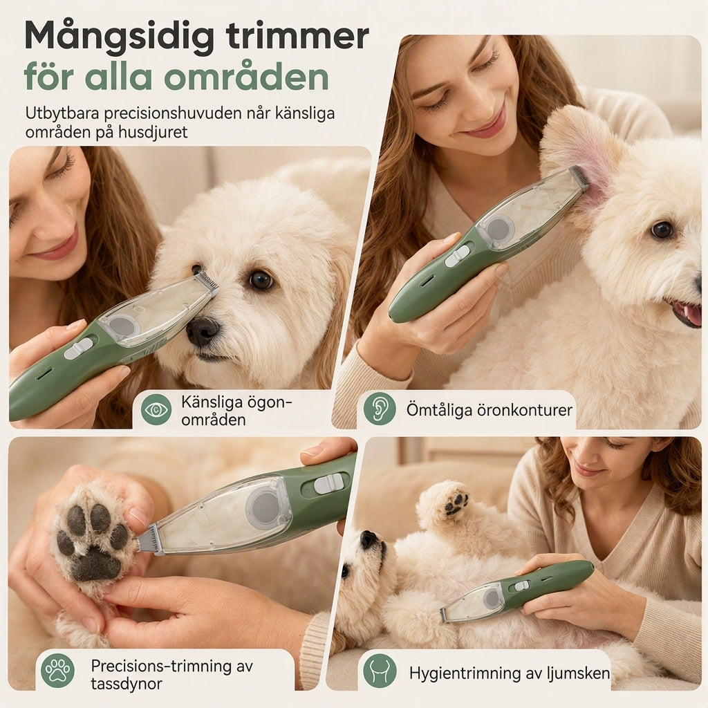 🐾 Tyst djurtrimset: Dammsugarklippare, dubbel motor, rundade blad, håruppsamling utan kladd