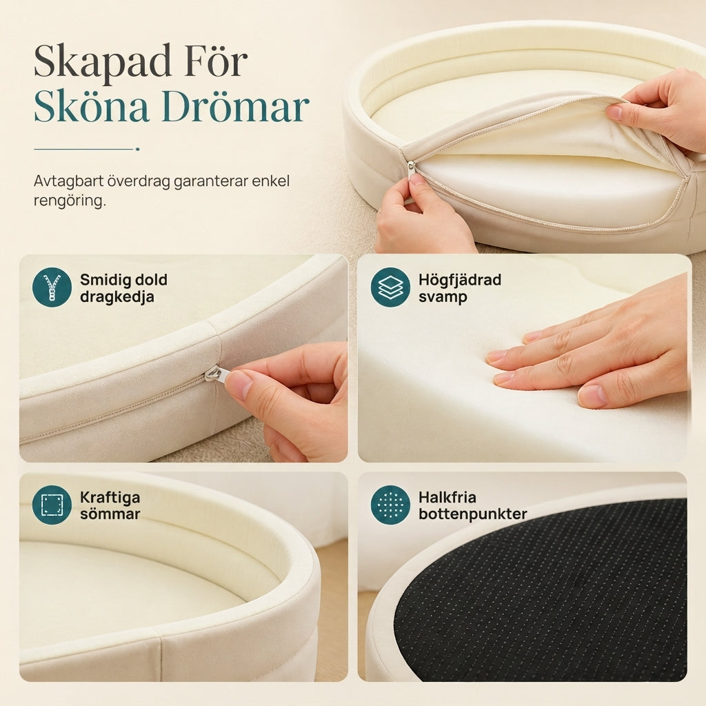 🐾 50 % RABATT NU! ☁️ Avtagbar oval hund- och kattsäng – polarfleece, oxfordtyg & fuktavvisande halkfri botten 🐶