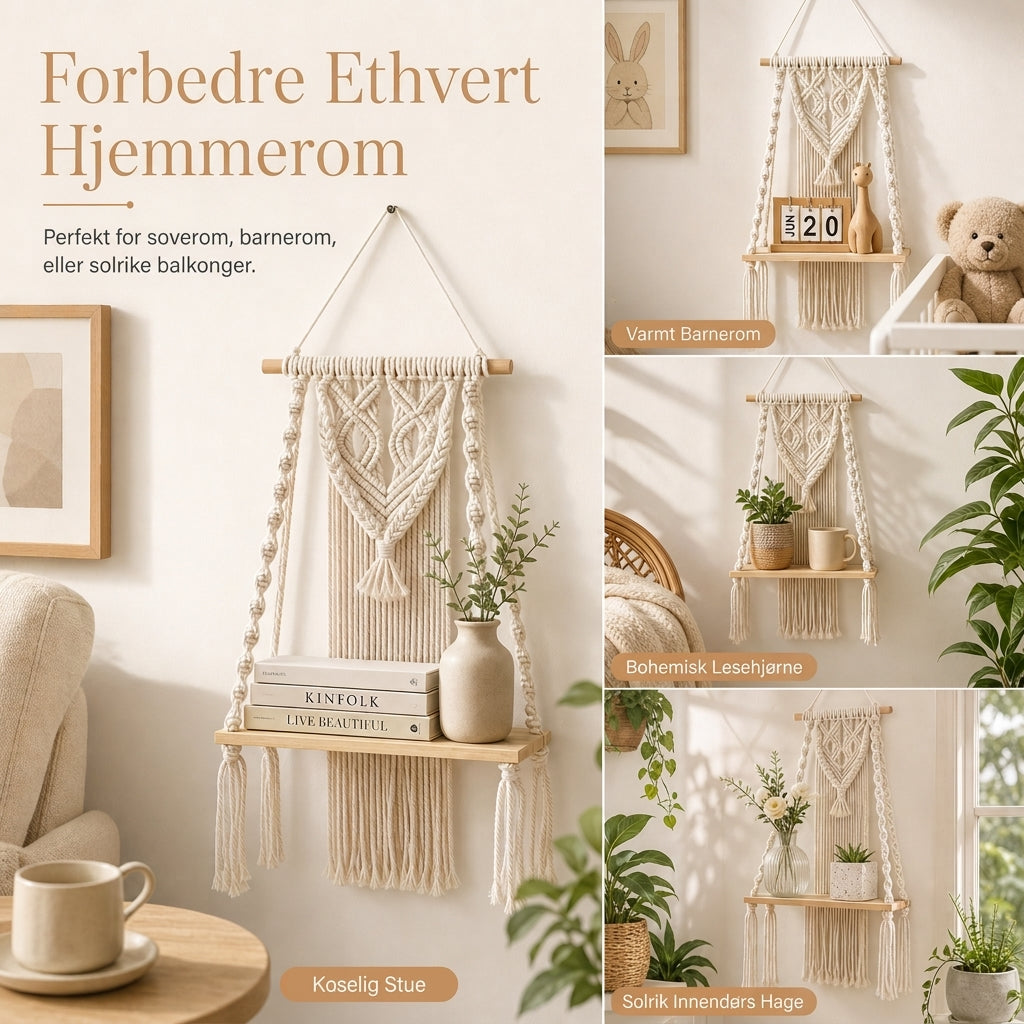 🏡 Bohemsk handvävd makramé vägghängd flytande hylla – för böcker & växter, skapar mysig hemkänsla ✨