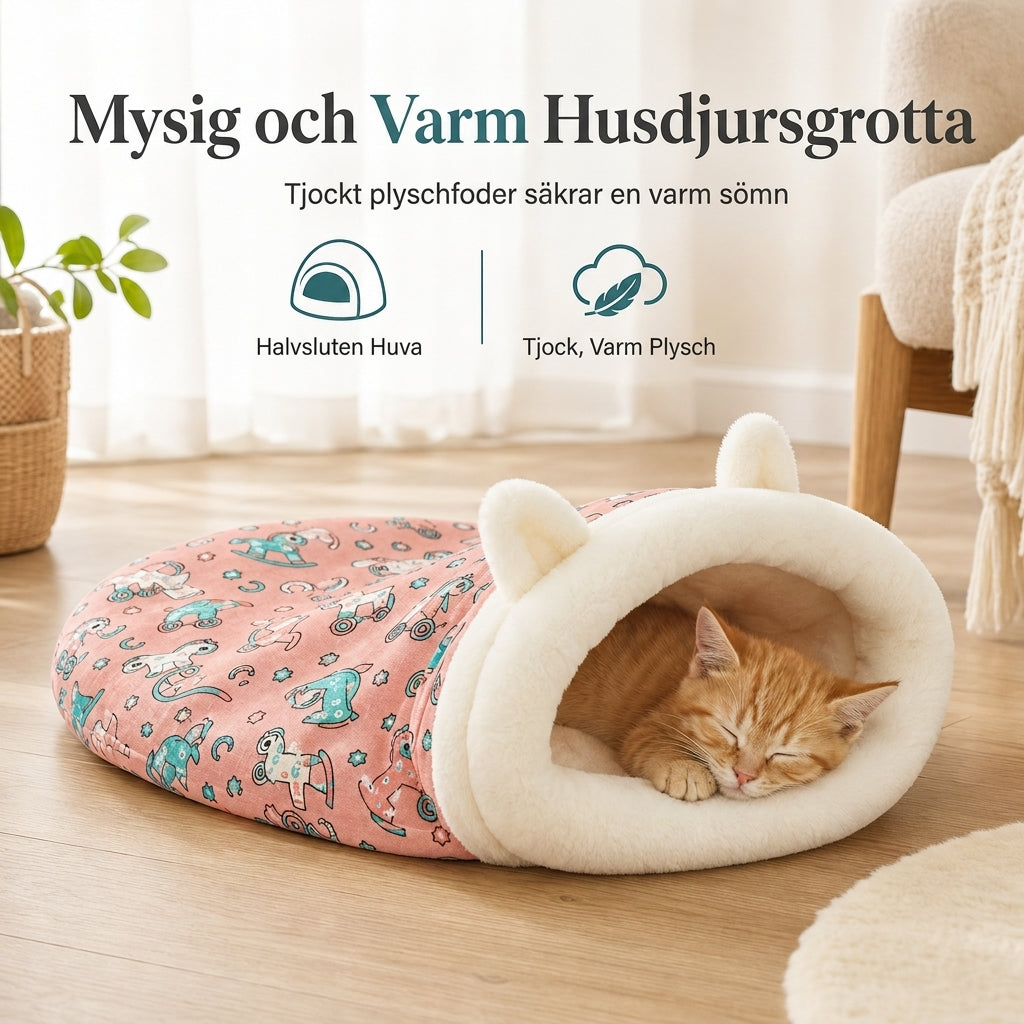 🐱Halvsluten varm sovsäck, mjuk djupsovande grottbo för husdjur med täcke för katter och små hundar