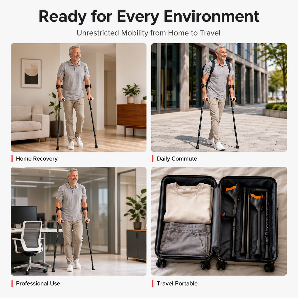 🦯 50 % RABATT NU! 🦵 Hopfällbara underarmskryckor – stötdämpande fjäder, aluminiumram & halkskyddade fötter för rehabilitering 🚶