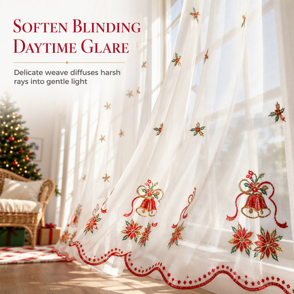 🎄 50 % RABATT UNDER BEGRÄNSAD TID! 🎅 Broderad, genomskinlig julgardin med snöflingor och klockor
