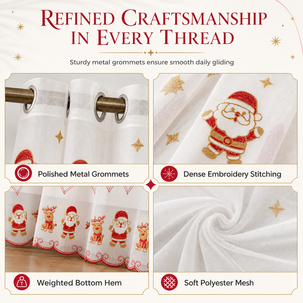 🎄 50 % RABATT UNDER BEGRÄNSAD TID! 🎅 Broderad, genomskinlig julgardin med snöflingor och klockor