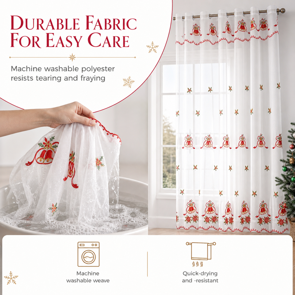 🎄 50 % RABATT UNDER BEGRÄNSAD TID! 🎅 Broderad, genomskinlig julgardin med snöflingor och klockor