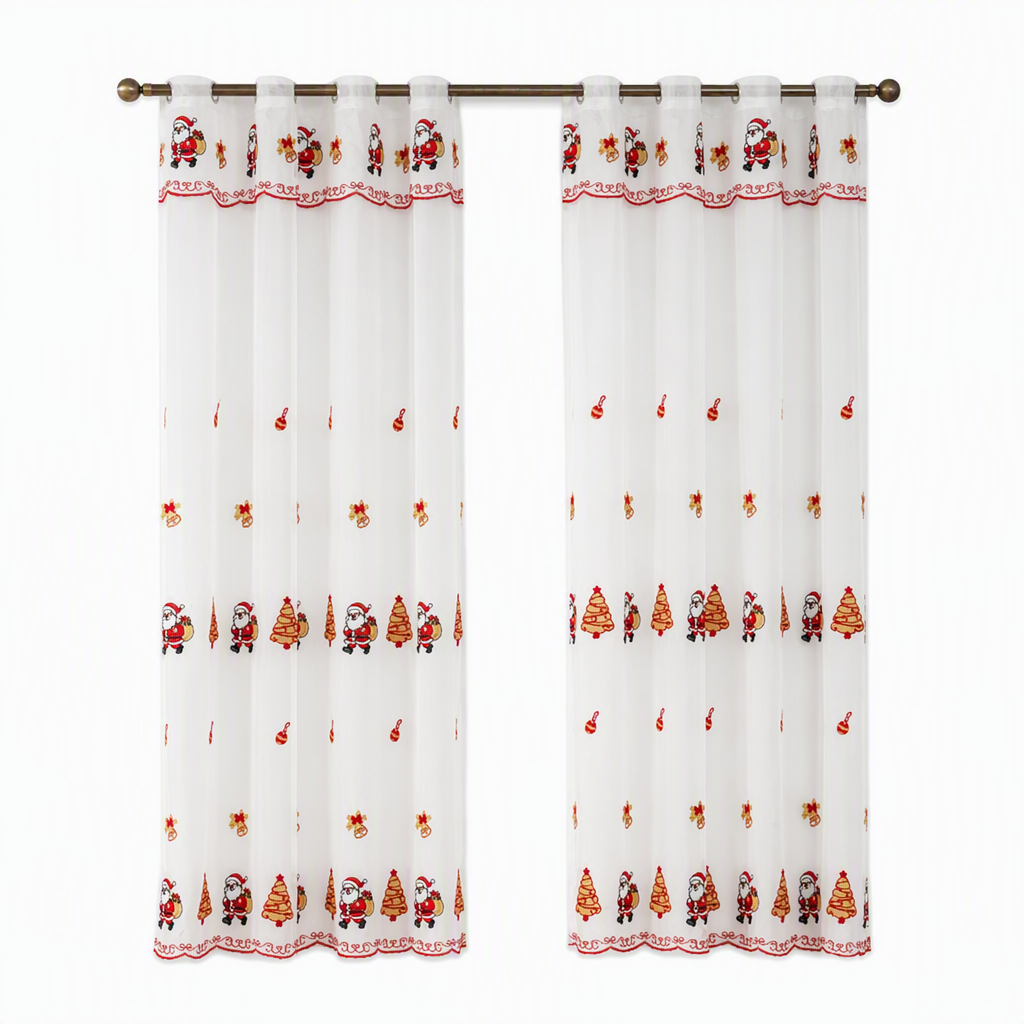🎄 50 % RABATT UNDER BEGRÄNSAD TID! 🎅 Broderad, genomskinlig julgardin med snöflingor och klockor