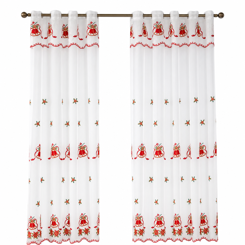🎄 50 % RABATT UNDER BEGRÄNSAD TID! 🎅 Broderad, genomskinlig julgardin med snöflingor och klockor