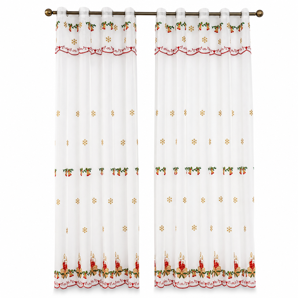 🎄 50 % RABATT UNDER BEGRÄNSAD TID! 🎅 Broderad, genomskinlig julgardin med snöflingor och klockor