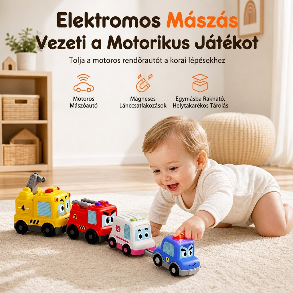 🚗 50% RABATT! ✨ 4-delars magnetiskt elektriskt leksaksbilsset med ljud & ljus – Stapelbara krypbilar för bebisar & småbarn