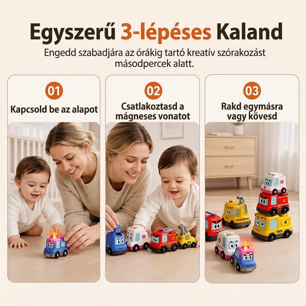 🚗 50% RABATT! ✨ 4-delars magnetiskt elektriskt leksaksbilsset med ljud & ljus – Stapelbara krypbilar för bebisar & småbarn