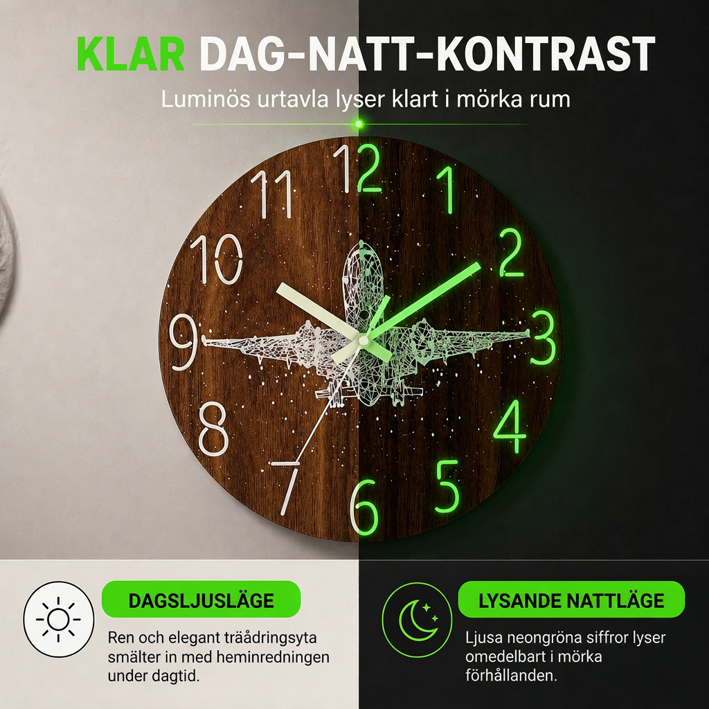 🔥Tidsbegränsat erbjudande🕰️12-tums tyst träväggklocka – lysande och MDF-träyta✨