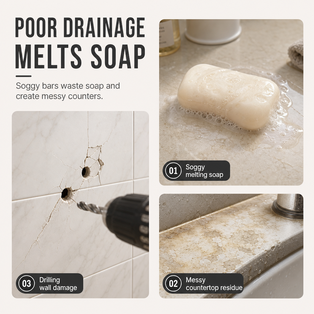 🧼 50% RABATT! ✨ Tvålkopp med vakuumsugpropp & V-formad dränering i rostfritt rymdaluminium – Utan borrning