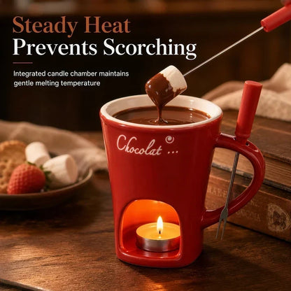 🍪Supererbjudande: 50 % rabatt☕Mugg i keramik för choklad- och ostfondue med gaffel
