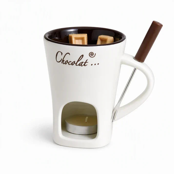 🍪Supererbjudande: 50 % rabatt☕Mugg i keramik för choklad- och ostfondue med gaffel