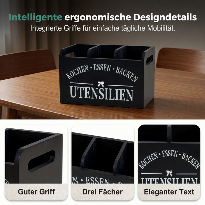 🎁 50% RABATT! ✨ Rustik Redskapshållare i Trä med 3 Fack – Köksförvaring för Bestick & Köksredskap 🪵