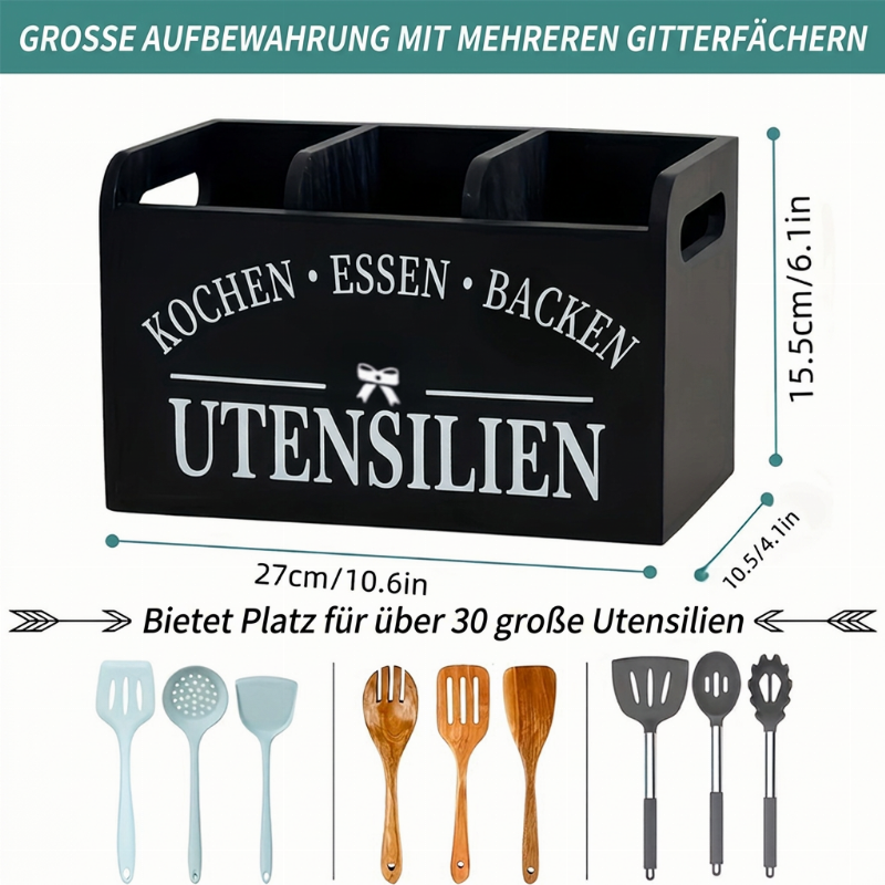 🎁 50% RABATT! ✨ Rustik Redskapshållare i Trä med 3 Fack – Köksförvaring för Bestick & Köksredskap 🪵