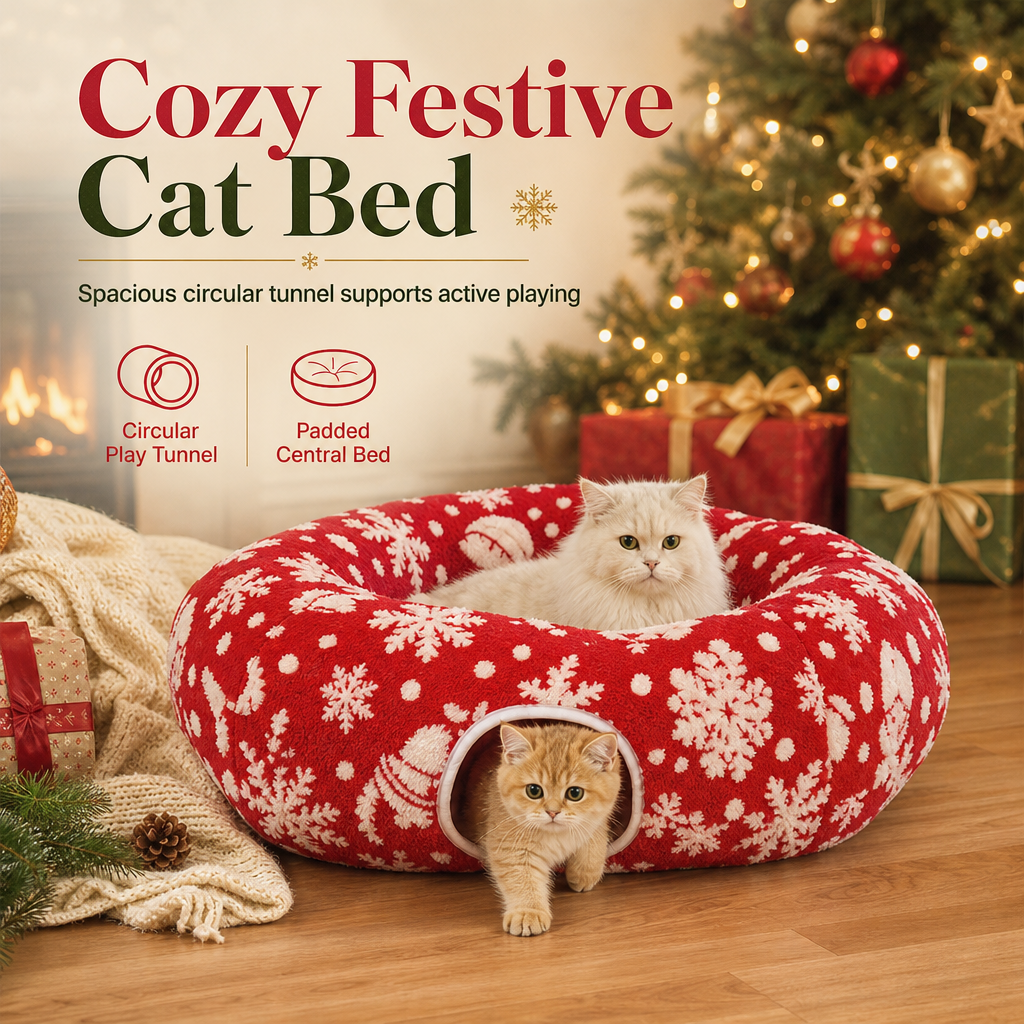🎄🐱 Kattunnel & Kattsäng till Jul – Donut Kattgrotta & Dyna, Begränsad Upplaga, Avtagbar & Tvättbar 🎁✨