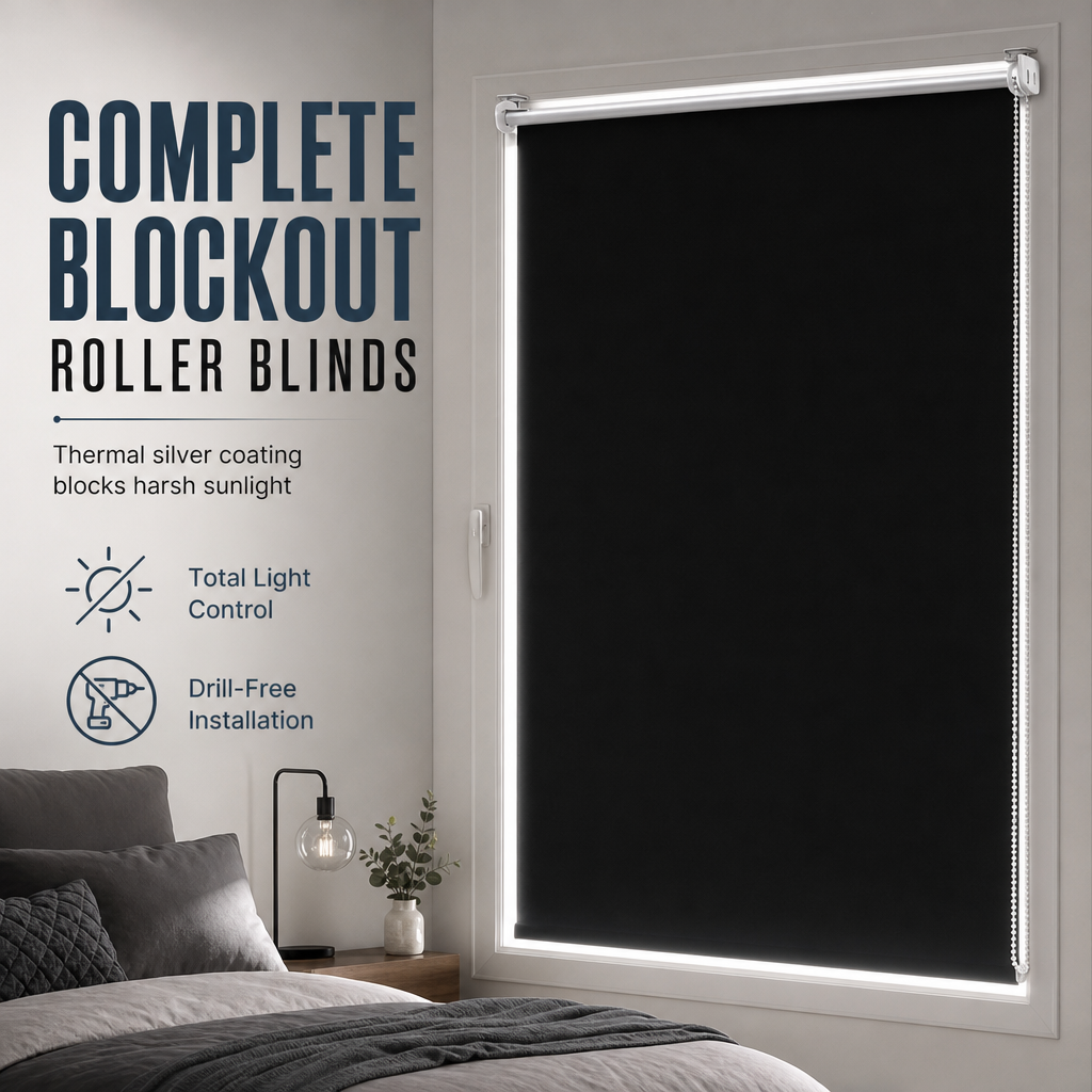 🔥50% RABATT!!📢🌑 Mörkläggningsrullgardiner – UV-skydd & sömlösa kanter, 130 cm svart