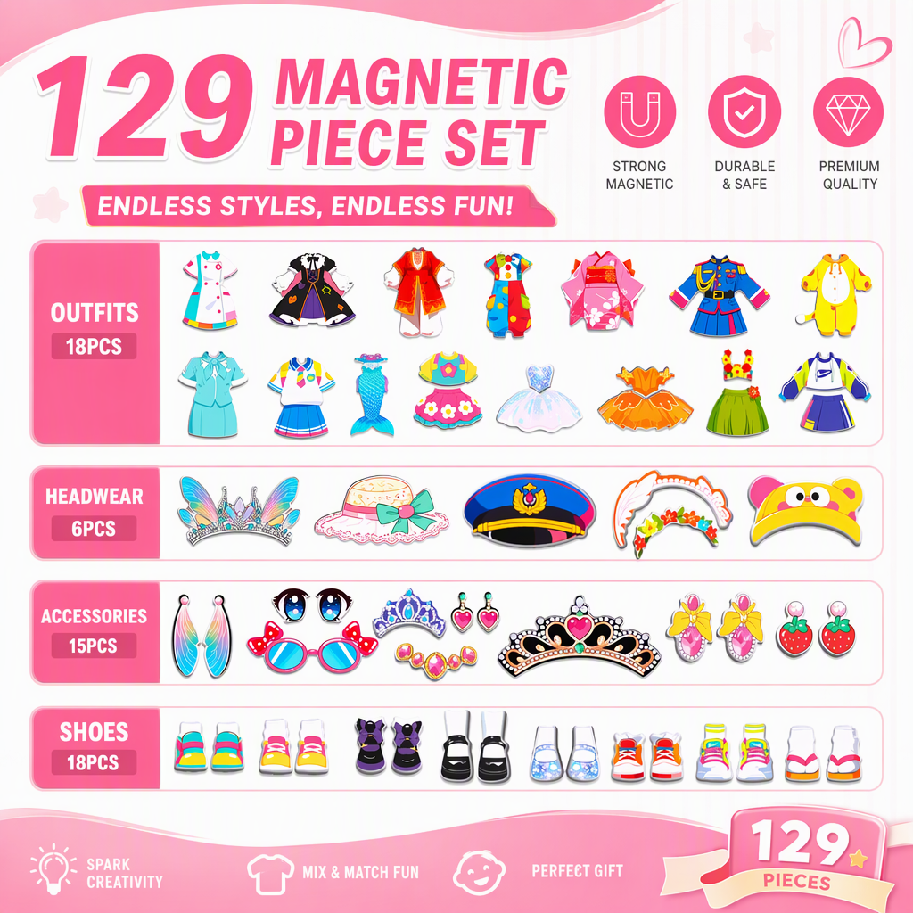 👑 Tidsbegränsat specialerbjudande ✨ 3D-klädset med magnetiska prinsesskläder för barn — 129 delar och 25 klädkombinationer 🎀