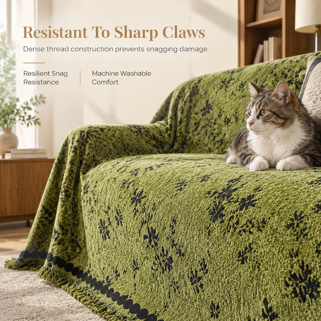 Fransk chenille-sofföverdrag – Kattklöståligt & halkfritt möbelskydd för soffan 🛋️🐾
