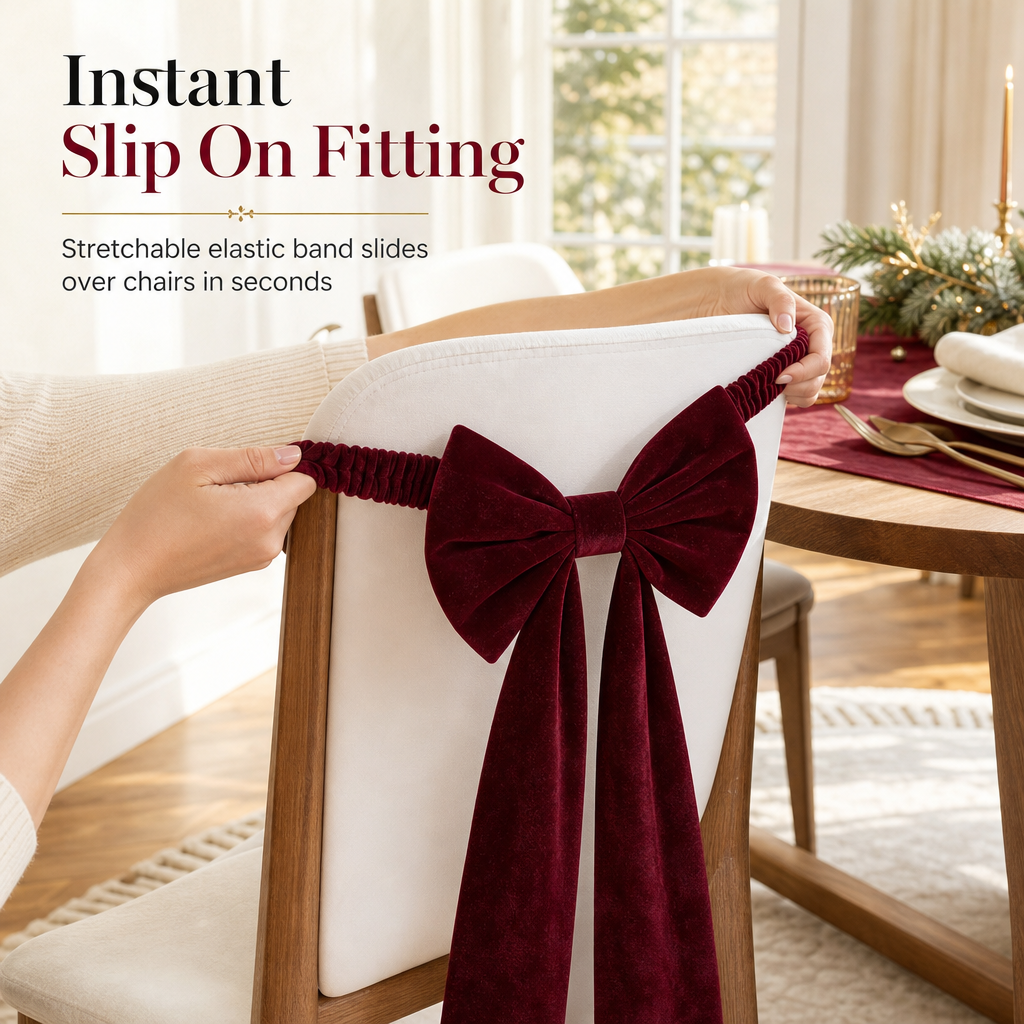 🎀 Köp 1 få 1 gratis! 🪑 Stolsband med sammetsrosett – töjbart, glidfritt & lyxig dekoration för festliga tillställningar 🎄