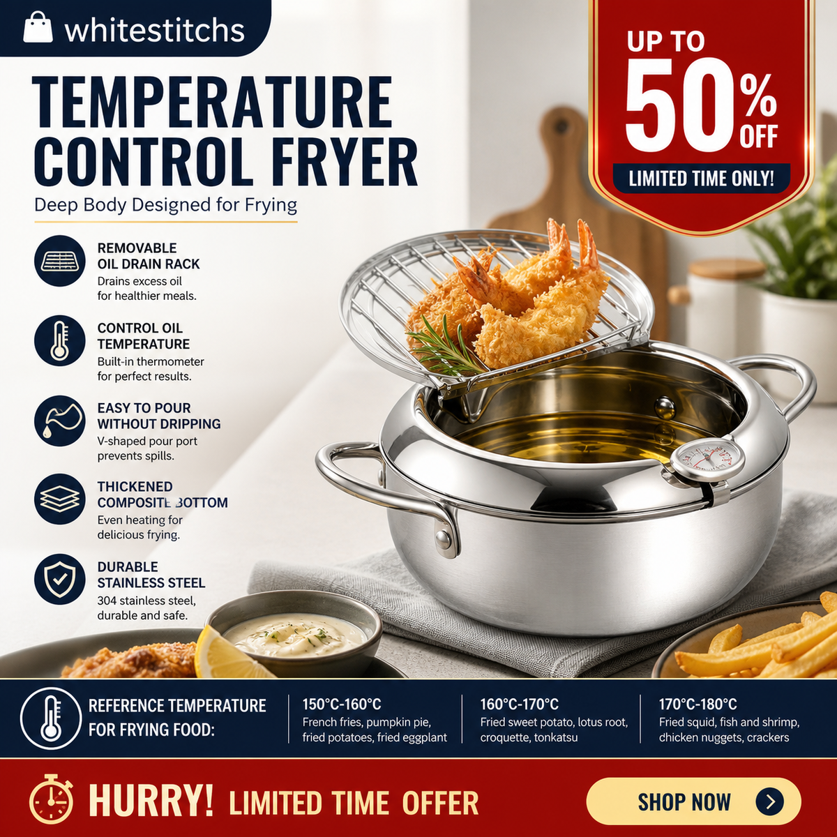 ⏳Tidsbegränsat Erbjudande⏰304 Rostfritt Stål Tempura Fritös – Termometer, Avrinningsgaller, Djup Gryta ✨